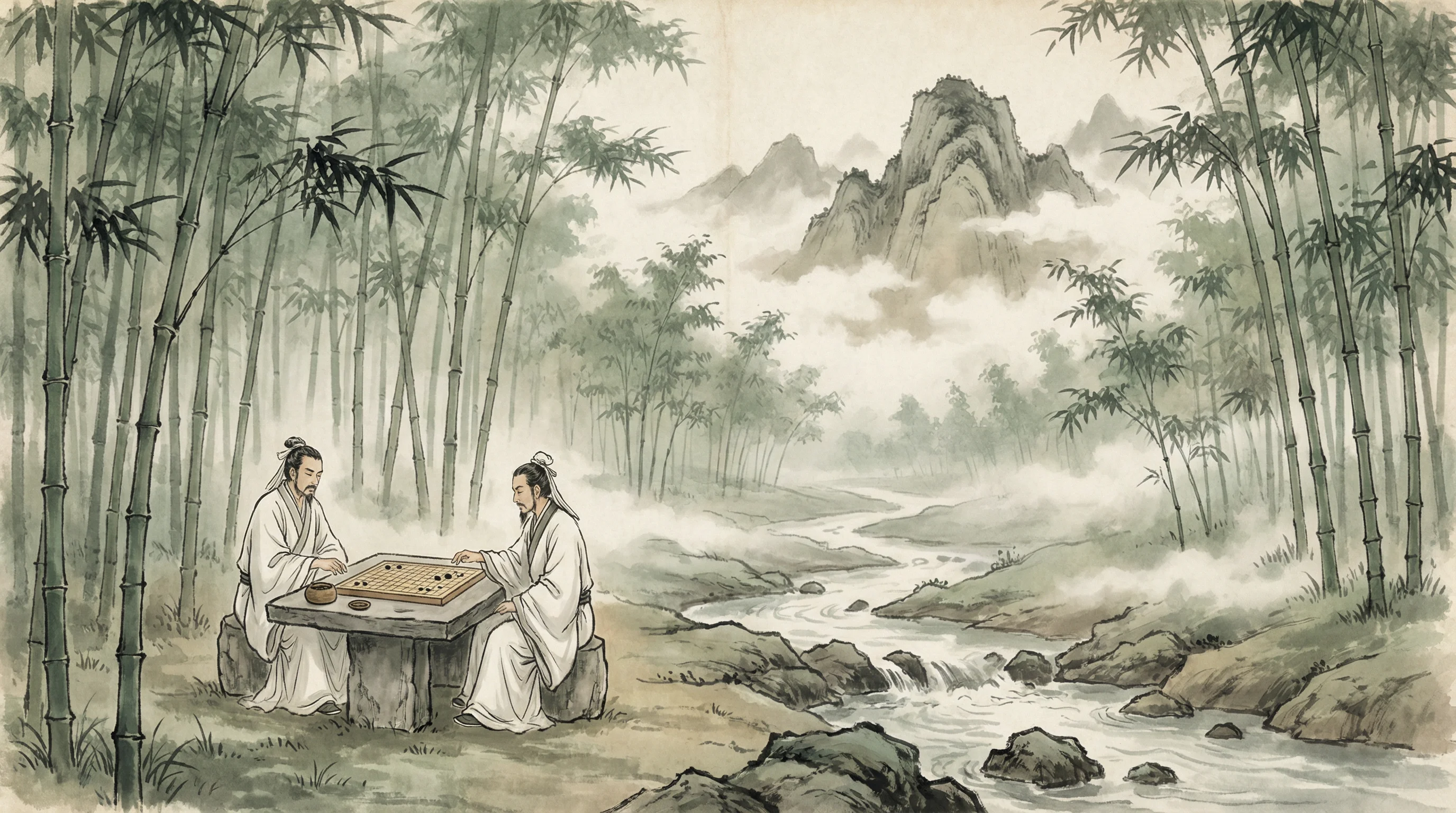 竹林对弈山水画，炸金花guanwang官网 棋道风景